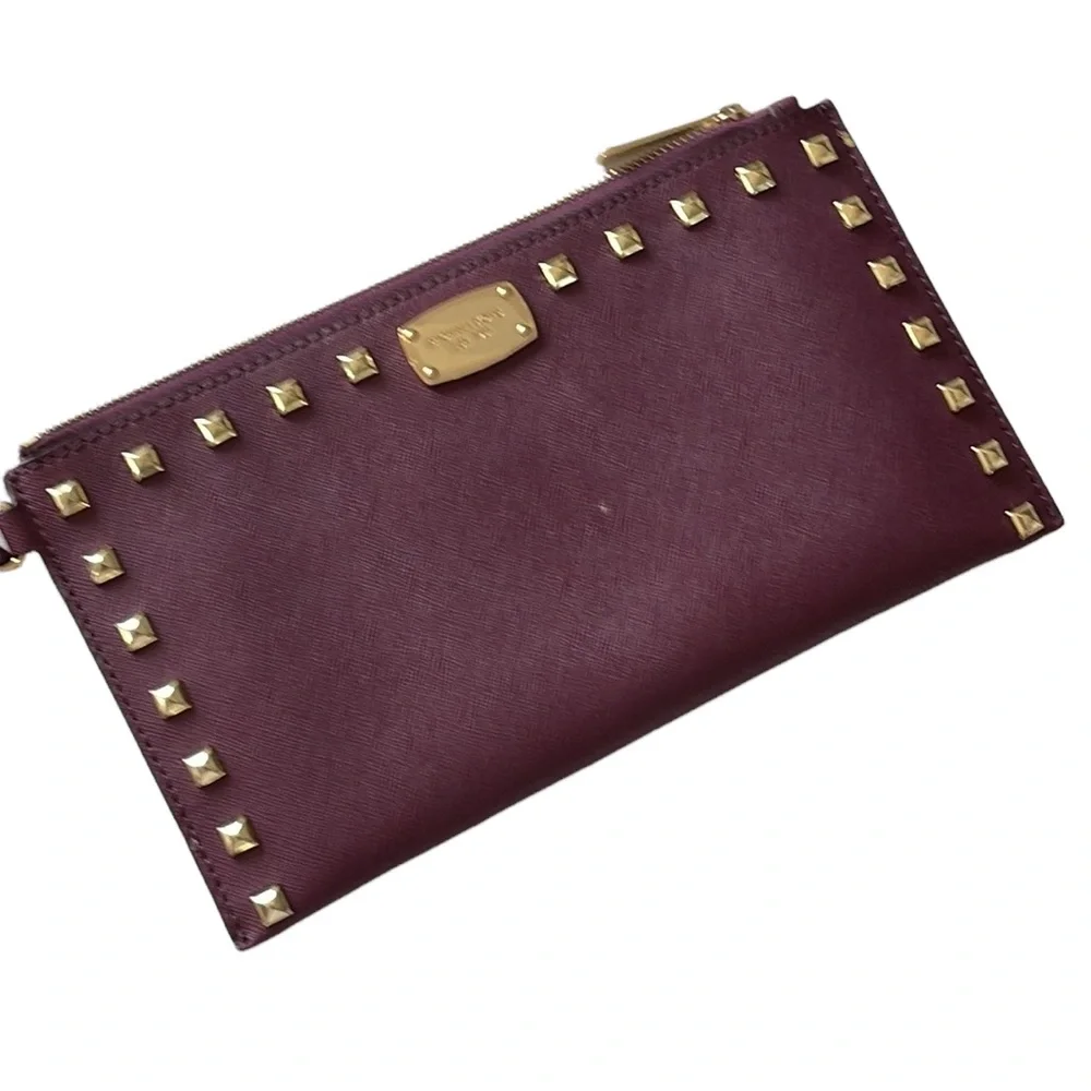 Michael Kors cherry Saffino Leather stud gold pyramid wristlet NWOT